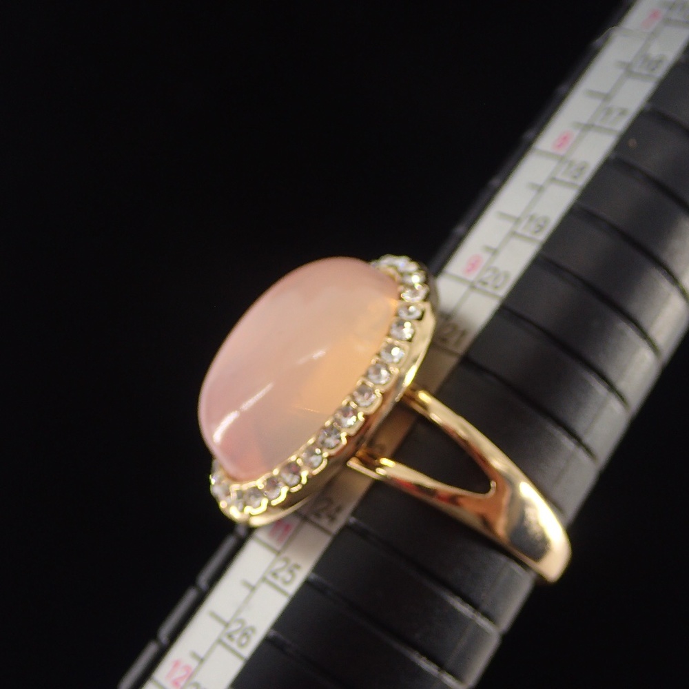 Pink Cabochon Gemstone Ring with Pave White Zircon Gold Tone Halo Ring Sz 10.25 - Picture 6 of 8